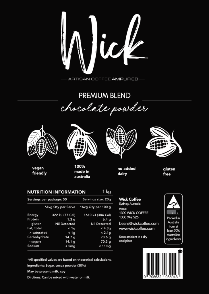 Design Portfolio: Chocolate Powder Label design for Wick Coffee - Conceptual Creatures Graphic Design